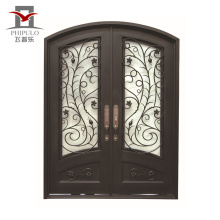 wrought iron and glass door with iron door handle